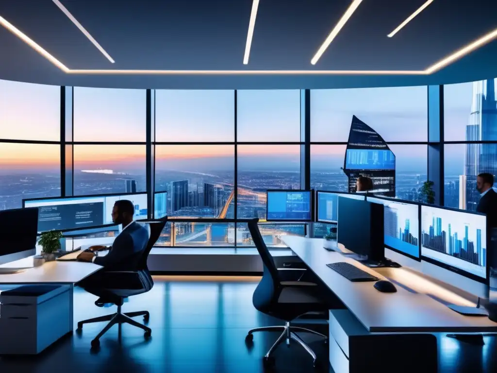 Oficina moderna con empleados seguros trabajando diligentemente Oficina moderna con empleados enfocados en ciberriesgos en inversiones financieras