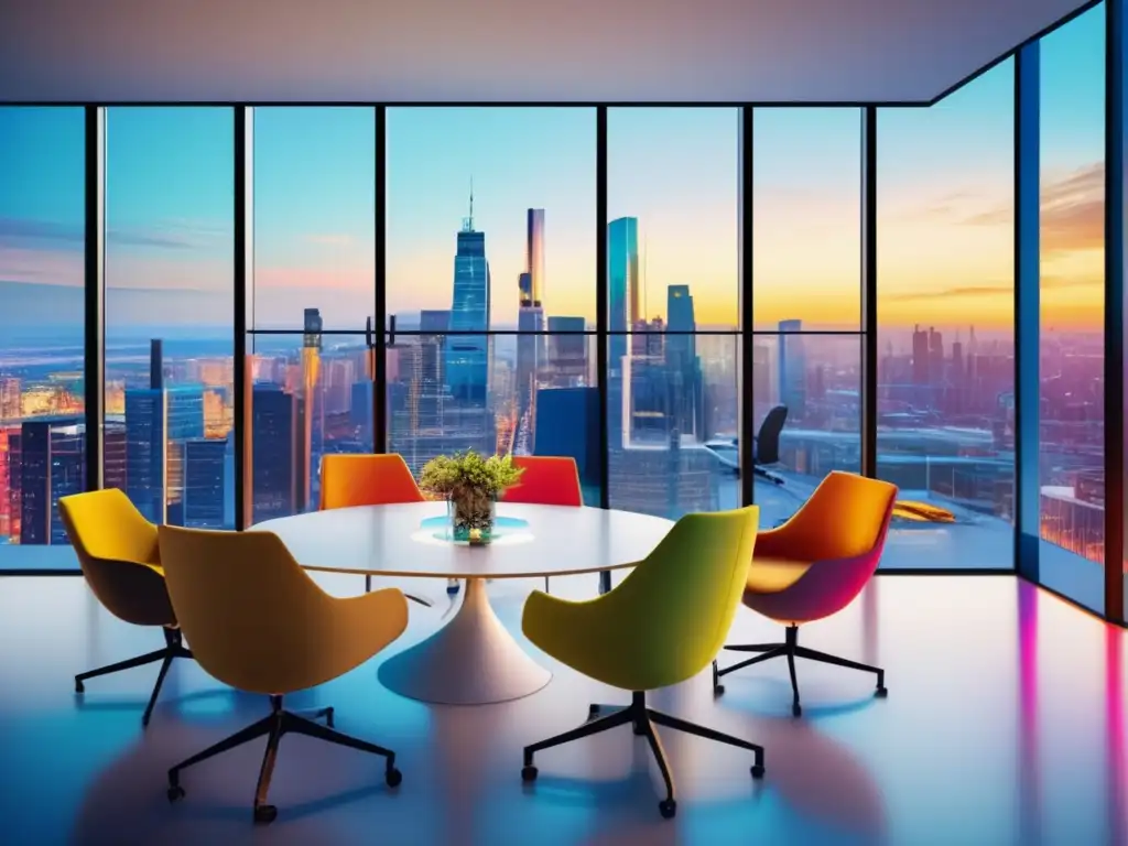 Oficina moderna con emprendedores y vista a la ciudad Oficina moderna con emprendedores en discusión y arte vibrante - Guía inversor participaciones accionariales startups