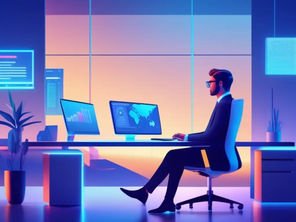 Oficina moderna con bot asistente Oficina moderna con escritorio y bot de inversión: beneficios de los bots de inversión