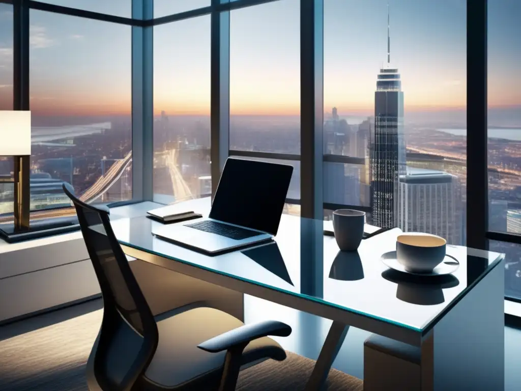 Oficina moderna con escritorio de vidrio y vista a la ciudad Oficina moderna con escritorio de cristal frente a ventana panorámica: Beneficios fiscales de donaciones de acciones