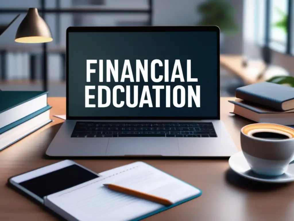 Oficina moderna con seguridad y educación financiera Oficina moderna con escritorio elegante, libros educativos y prácticas de ciberseguridad