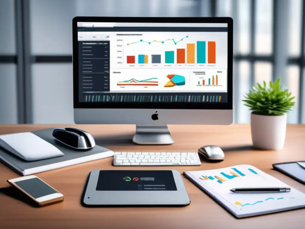Escritorio moderno con tecnología financiera Oficina moderna con escritorio elegante y elementos minimalistas, laptop con gráfico financiero, libreta y alcancía