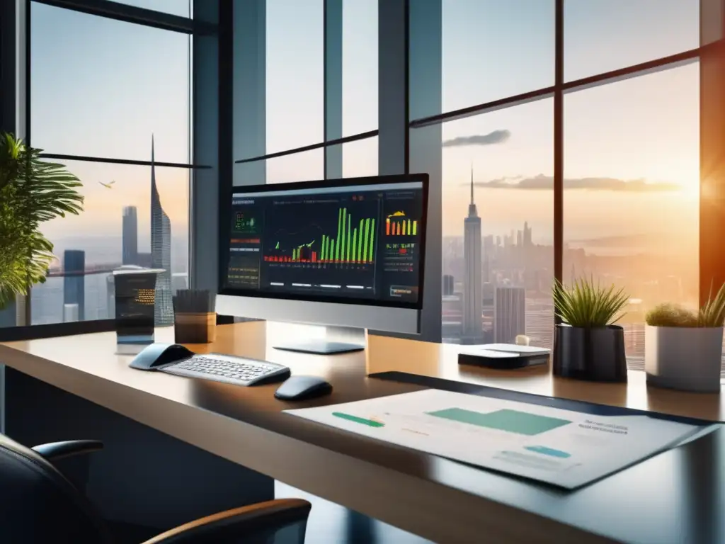 Oficina moderna: escritorio elegante y profesional Oficina moderna con escritorio elegante y gráficos financieros en la pantalla del monitor