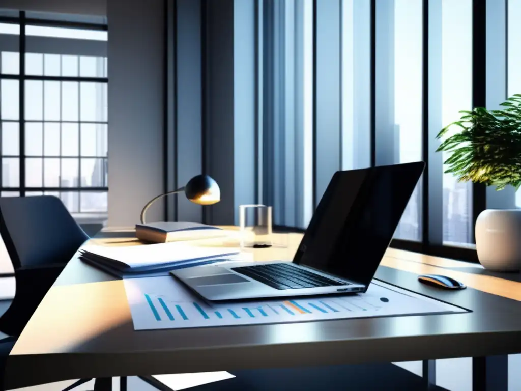 Oficina moderna y elegante con escritorio organizado Oficina moderna con escritorio elegante y ventana grande