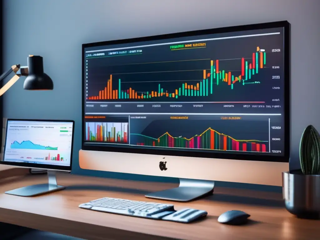 Oficina moderna con tecnología avanzada Oficina moderna con escritorio elegante y monitor de alta gama que muestra gráfico de tendencias bursátiles