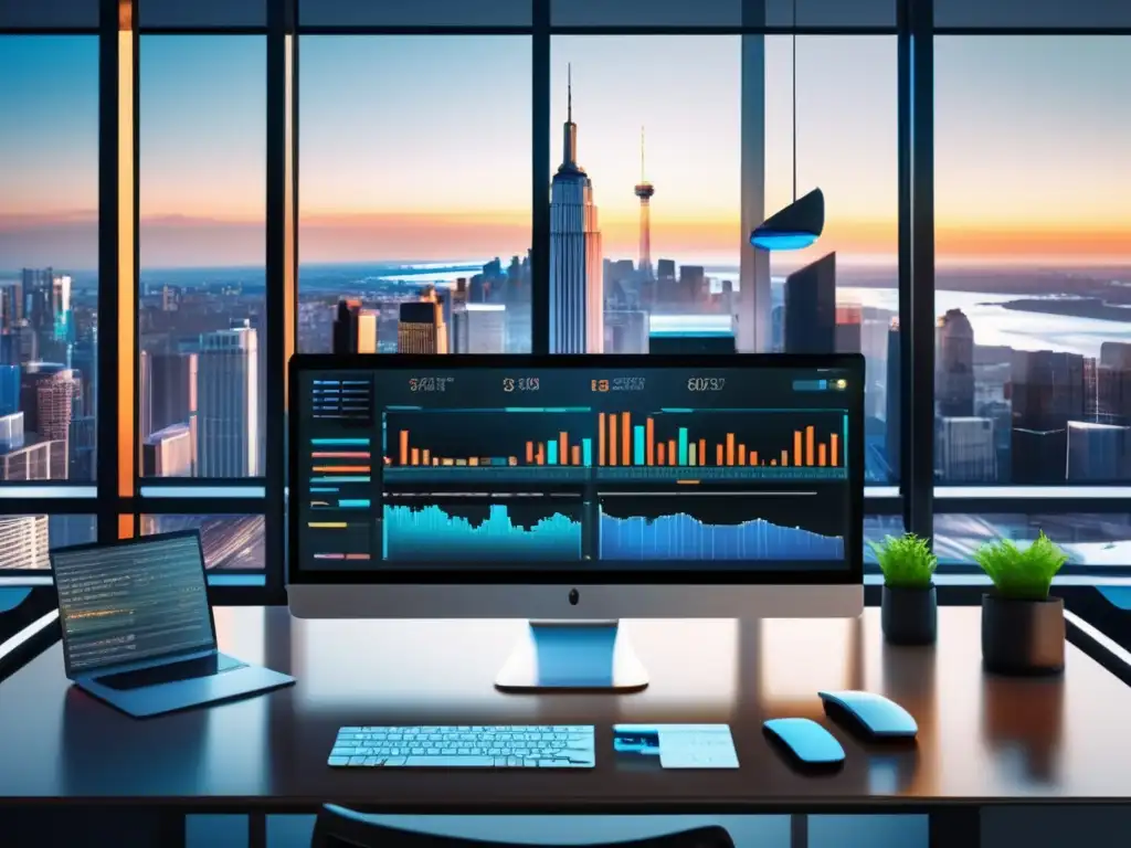 Oficina moderna y profesional con vista panorámica Oficina moderna con escritorio elegante, documentos financieros organizados y vista panorámica de la ciudad