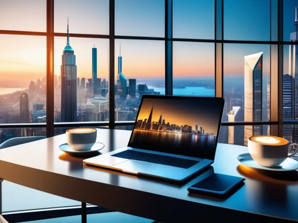 Oficina moderna con vista panorámica Oficina moderna con escritorio elegante, laptop, gráficos financieros, café y vista panorámica de la ciudad