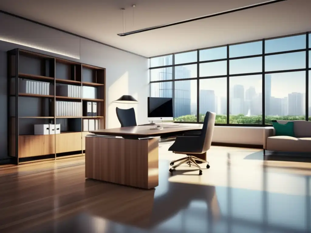 Oficina moderna con escritorio elegante y motivación Oficina moderna con escritorio elegante, computadora avanzada, informes financieros y luz natural