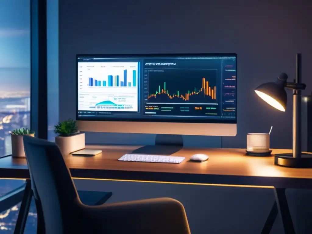 Oficina moderna: trading de criptomonedas Oficina moderna con escritorio elegante y monitor mostrando plataforma de trading de criptomonedas