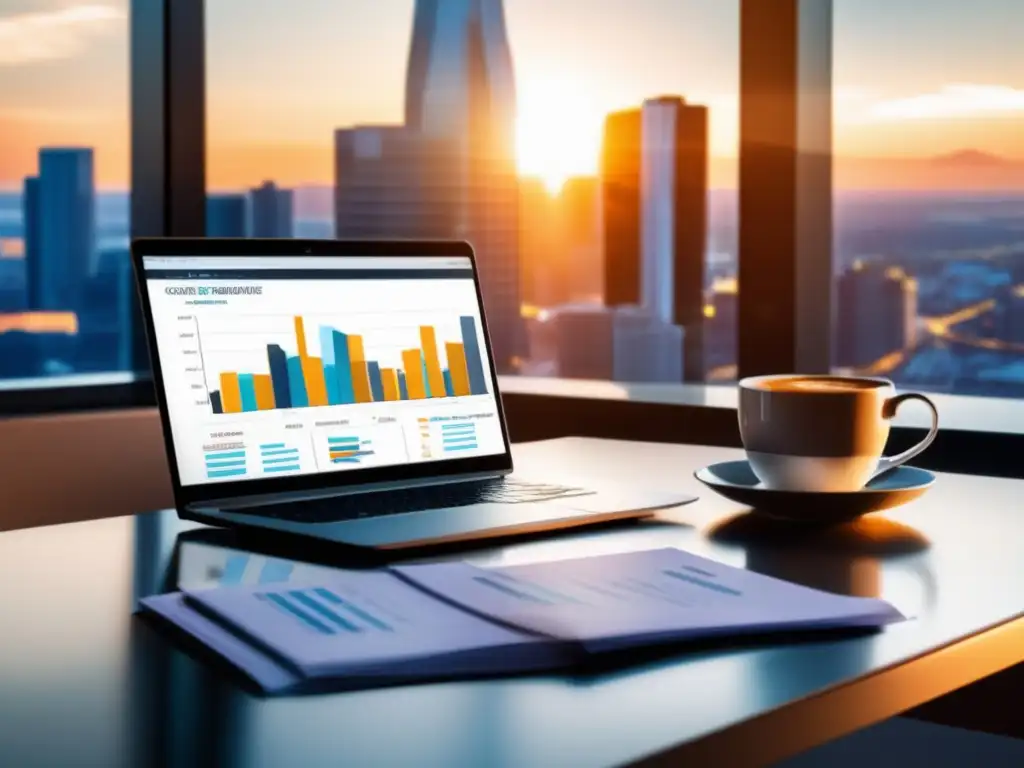 Escritorio de oficina con laptop, documentos financieros y café Oficina moderna con escritorio, laptop, documentos financieros y café