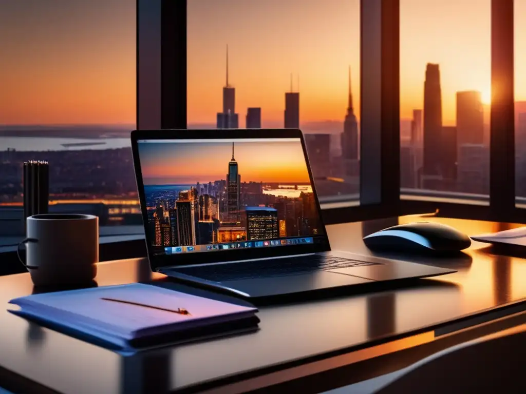 Escritorio de oficina con laptop, documentos y vista de ciudad al atardecer Oficina moderna con escritorio y laptop, donaciones de acciones
