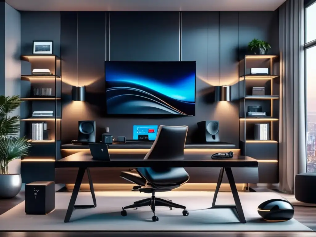 Espacioso y moderno despacho de casa Oficina moderna con escritorio de madera oscura, silla ergonómica de cuero negro y gadgets de alta tecnología