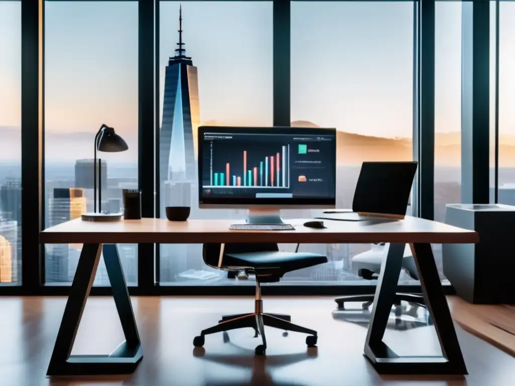 Oficina moderna con espacio de trabajo minimalista Oficina moderna con escritorio de madera, monitor mostrando gráfico de acciones, documentos financieros ordenados, café y luz natural