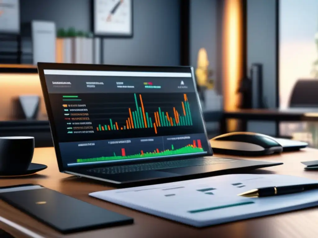 Oficina moderna con inversión en plomo Oficina moderna con escritorio de madera, portafolio de cuero negro y laptop con datos de bolsa, plomo como alternativa para diversificar