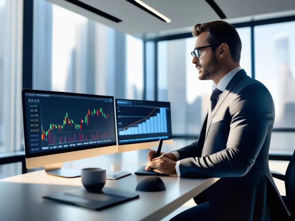 Oficina moderna con escritorio minimalista y tecnología avanzada Oficina moderna con escritorio minimalista y monitor de stock