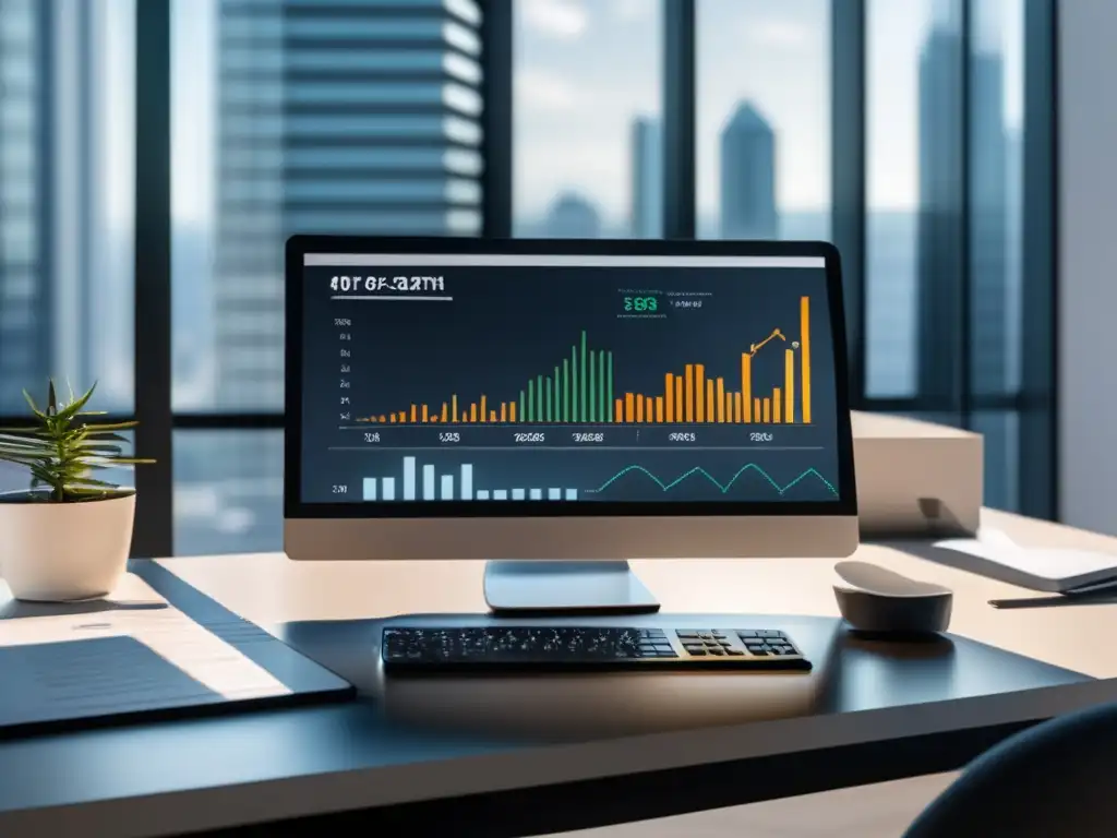 Oficina moderna con escritorio minimalista y vista panorámica Oficina moderna con escritorio minimalista, gráficos financieros y vista impresionante