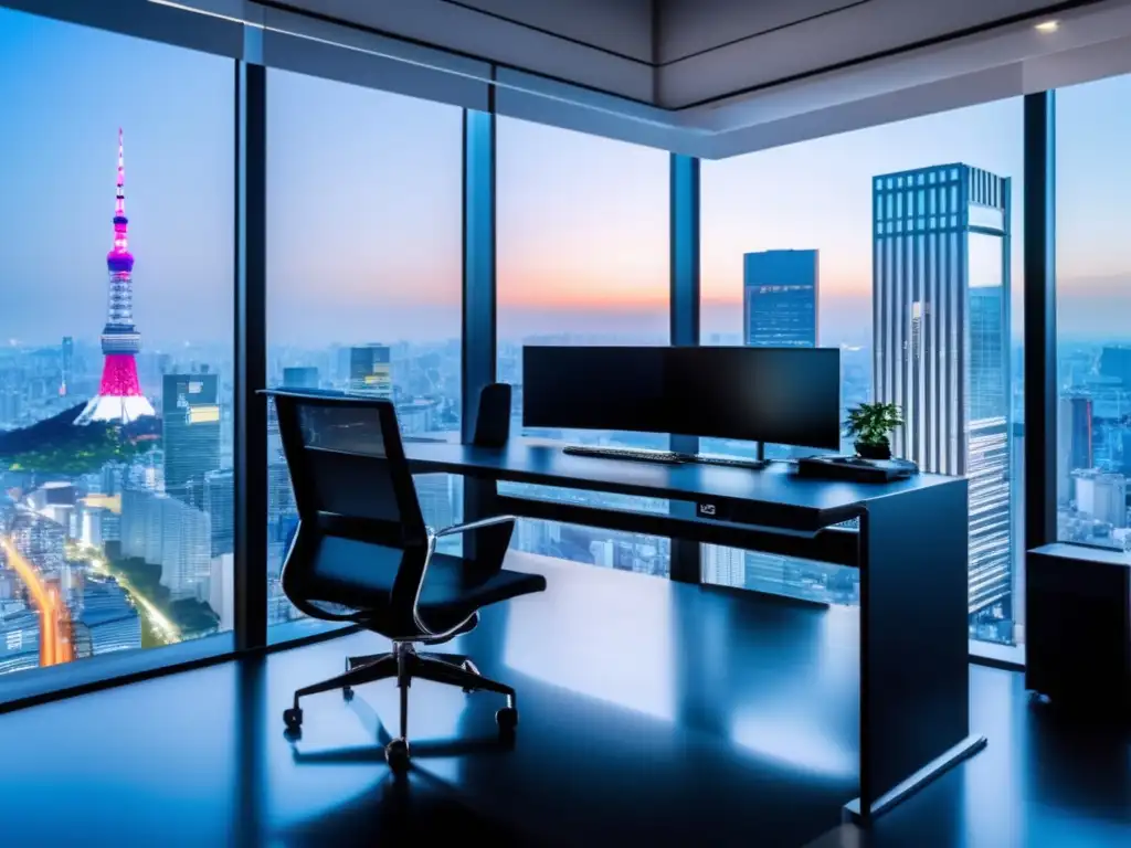 Oficina moderna y elegante en Tokio Oficina moderna en Tokio, con escritorio negro minimalista, computadora avanzada y gráficos financieros