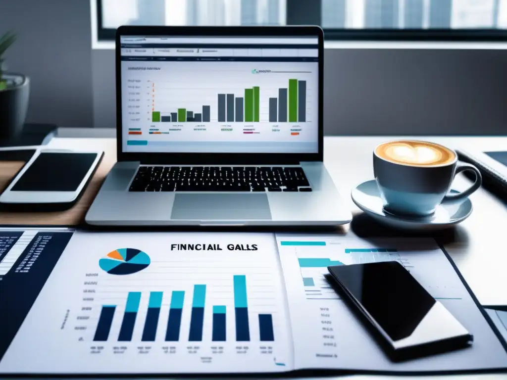 Escritorio moderno con laptop, notebook y gráficos financieros Oficina moderna con escritorio organizado y plan financiero personalizado para metas