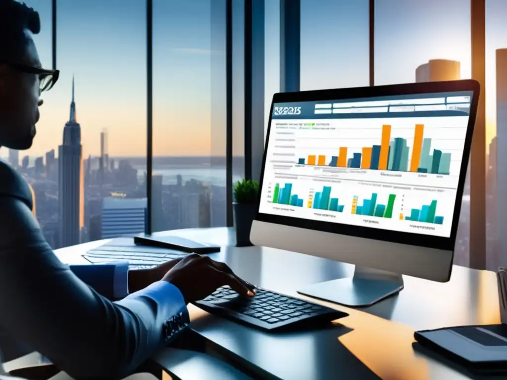 Oficina moderna con laptop, gráficos financieros y documentos organizados Oficina moderna con escritorio organizado y vista a la ciudad- Impuestos en la cartera de inversiones
