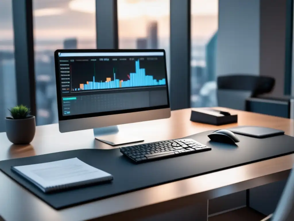 Escritorio moderno con computadora y vista panorámica Oficina moderna con escritorio organizado, monitor de alta gama y documentos financieros