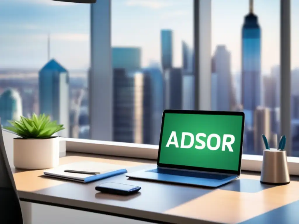 Oficina moderna con escritorio organizado y vista a la ciudad Oficina moderna con escritorio organizado y skyline financiero: Importancia de Roboadvisors en fondos de emergencia