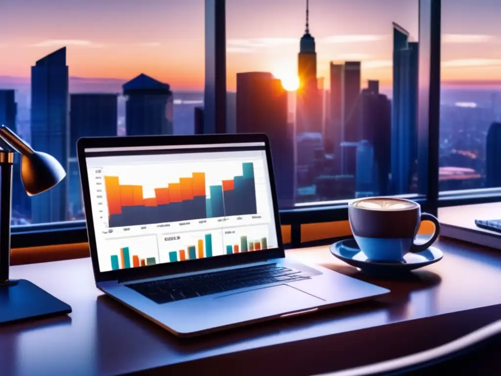 Escritorio moderno con laptop, gráfico de barra y skyline Oficina moderna con escritorio organizado y vista panorámica de la ciudad
