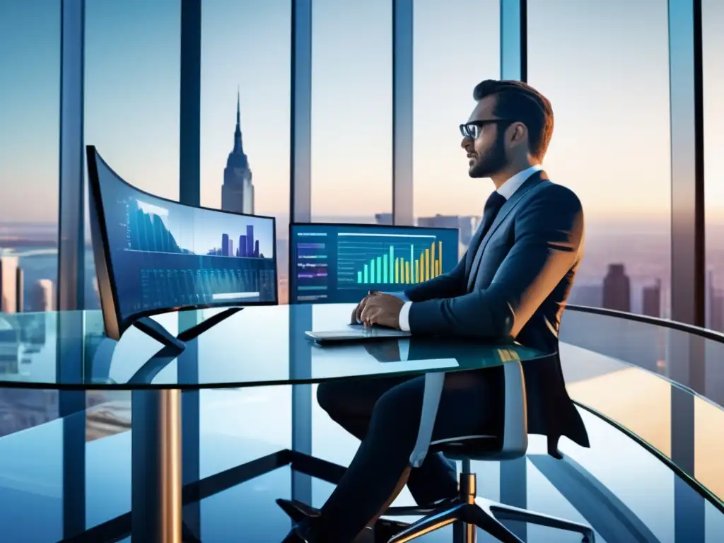 Ejecutivo analizando mercado desde oficina Oficina moderna con escritorio de vidrio junto a ventana panorámica de ciudad