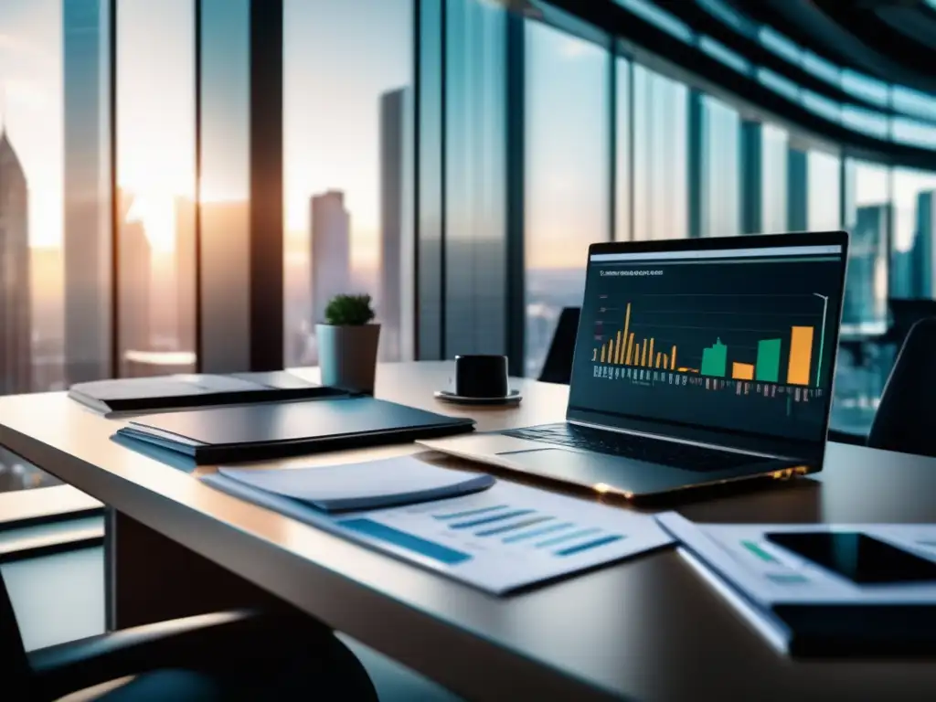 Oficina moderna con escritorio de vidrio y laptop financiera Oficina moderna con escritorio de vidrio, laptop con gráficos financieros y documentos de flujo de efectivo