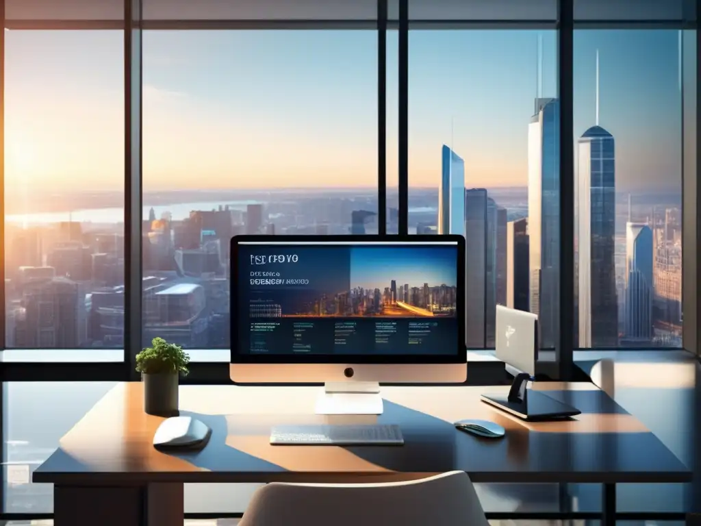 Oficina moderna con vista a la ciudad Oficina moderna con escritorio de vidrio, computadora de última generación y vista panorámica a la ciudad