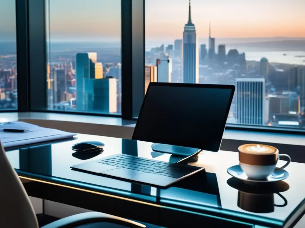 Oficina moderna con vista a la ciudad Oficina moderna con escritorio de vidrio frente a ventana panorámica, ciudad bulliciosa