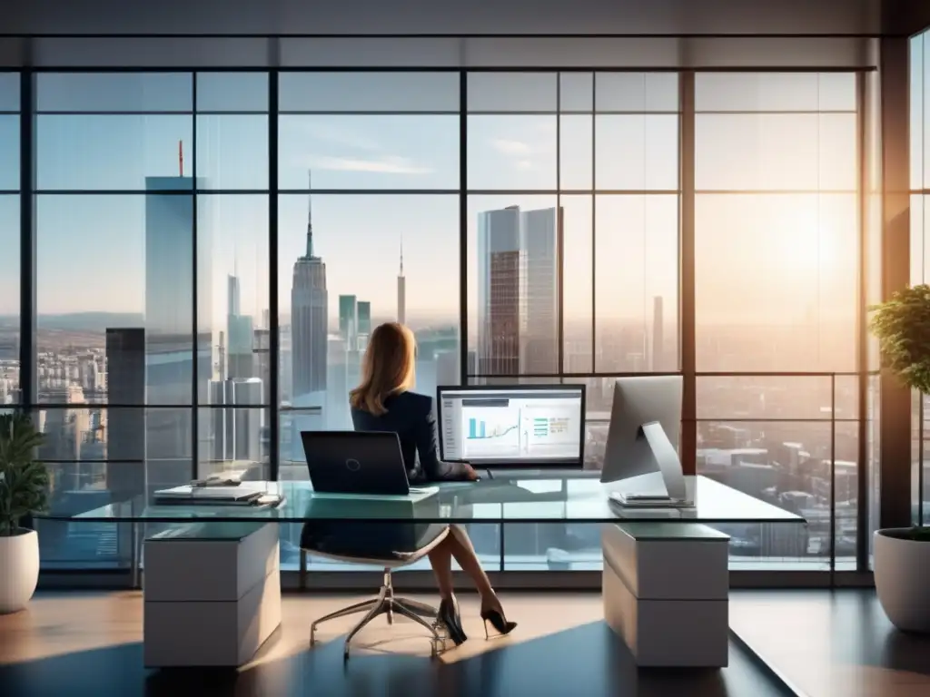 Oficina moderna con profesional analizando gráficos financieros Oficina moderna con escritorio de vidrio, mujer analizando gráficos financieros en monitor de alta resolución