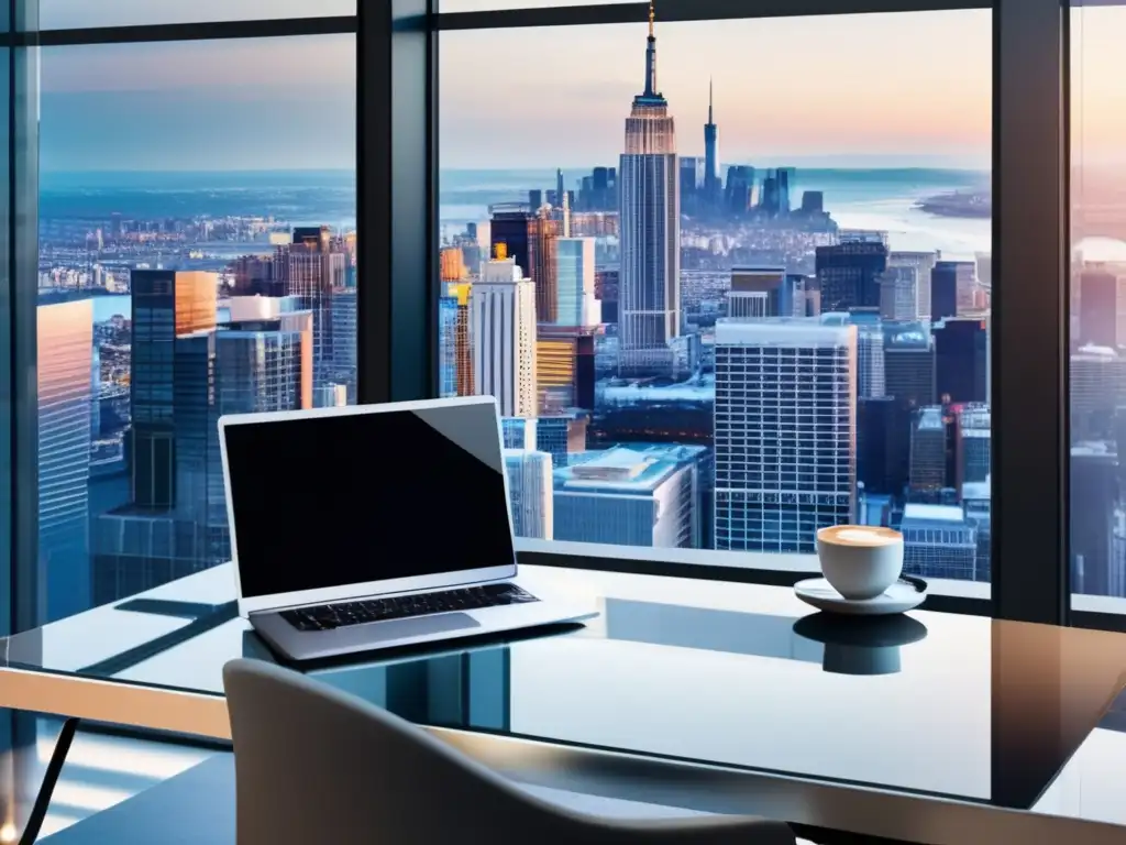 Oficina moderna con vista a la ciudad Oficina moderna: escritorio de vidrio, gráficos financieros, café y vista panorámica