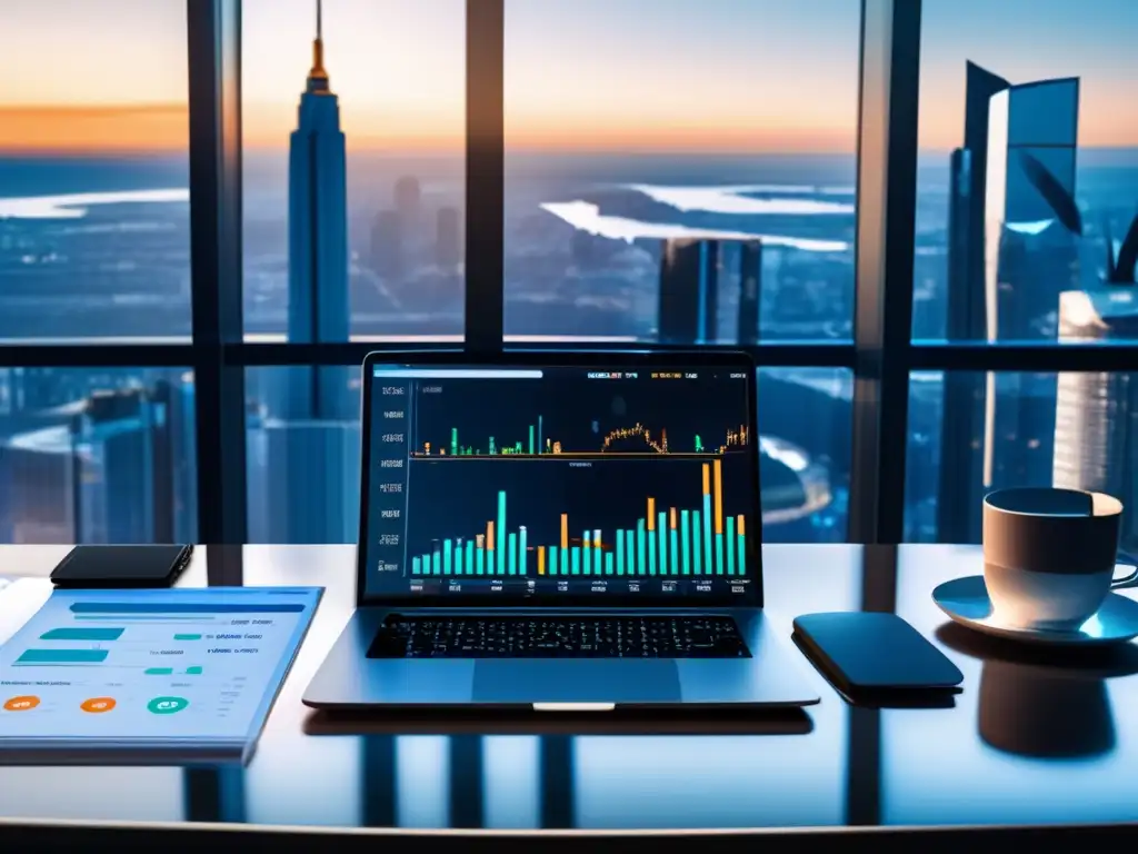 Oficina moderna con escritorio de vidrio y vista a la ciudad Oficina moderna con escritorio de vidrio y vista a la ciudad