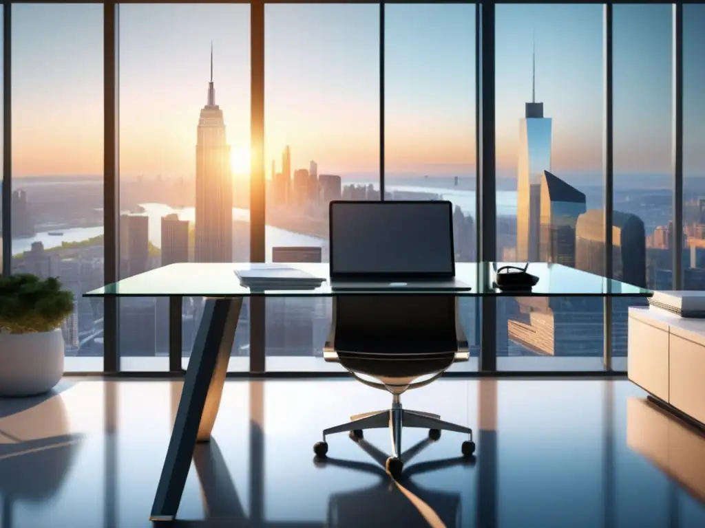 Oficina moderna con escritorio de vidrio Oficina moderna con escritorio de vidrio y vista a la ciudad