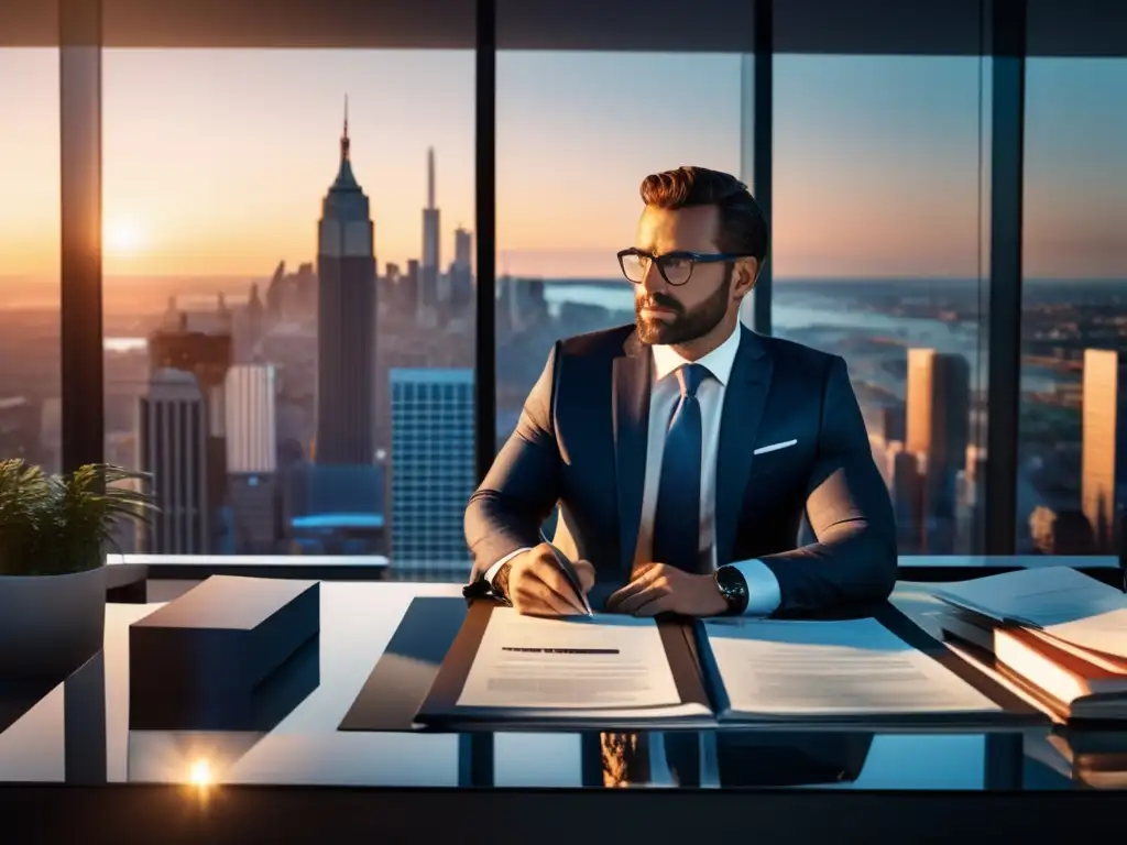 Oficina moderna con escritorio de vidrio y vista a la ciudad al atardecer Oficina moderna con escritorio de vidrio, bonos y estrategias fiscales