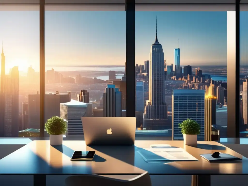 Oficina moderna con vista a la ciudad Oficina moderna con escritorio de vidrio y vista a la ciudad
