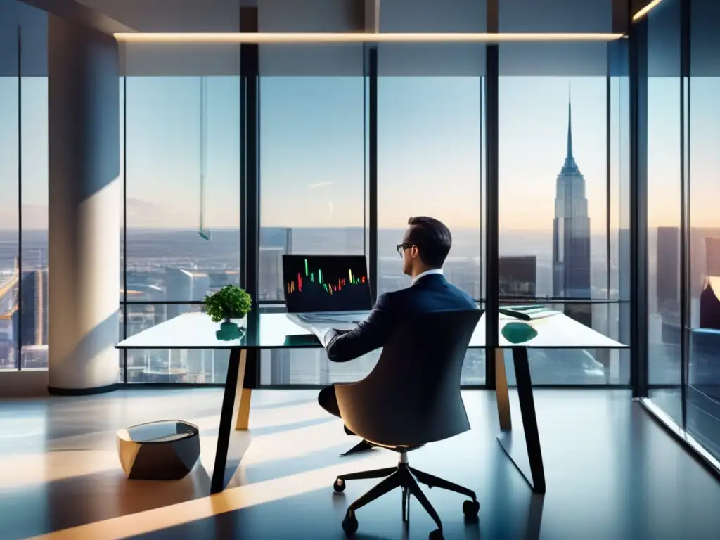 Oficina moderna: análisis financiero y elegancia Oficina moderna con escritorio de vidrio y análisis de balances en inversiones
