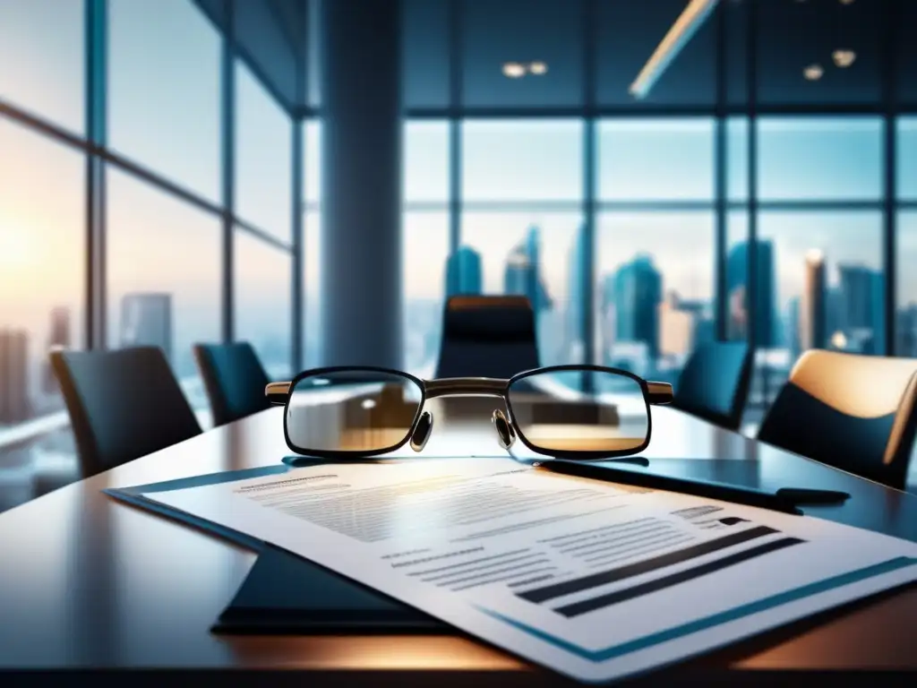 Oficina moderna con escritorio de vidrio y documentos financieros Oficina moderna con escritorio de vidrio y documentos financieros
