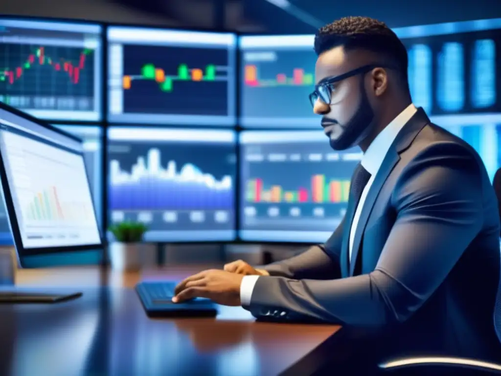 Oficina moderna con persona analizando datos financieros Oficina moderna: estrategias de inversión en bolsa