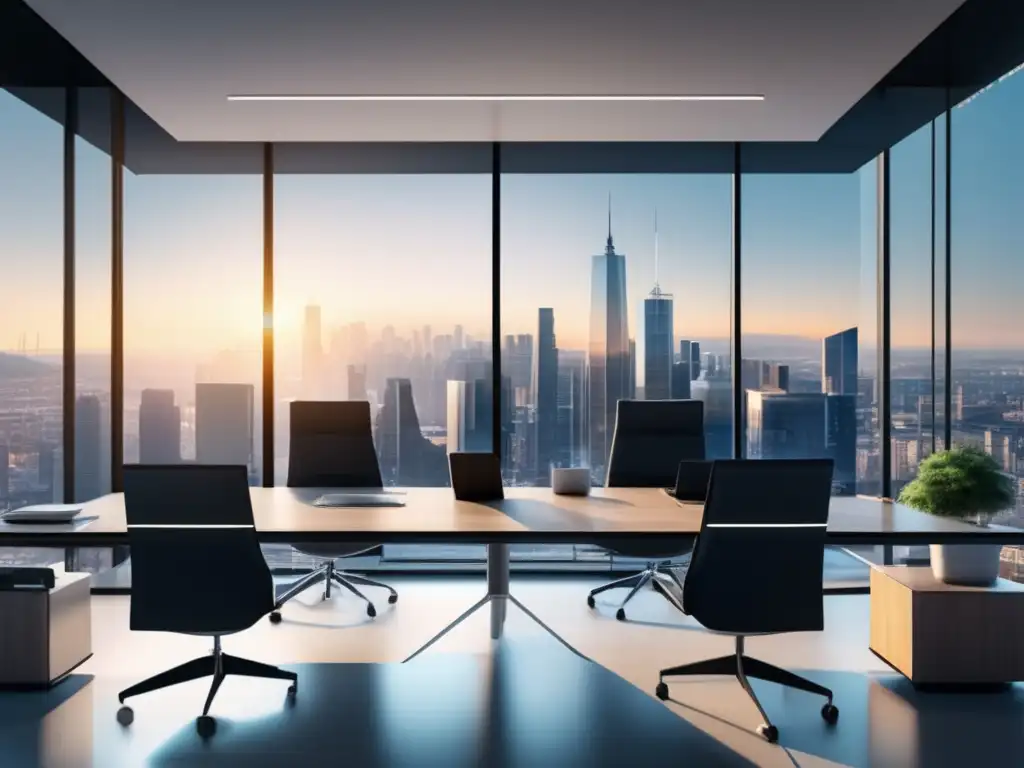 Oficina moderna con vista a la ciudad Oficina moderna con expertos en bienes raíces analizando mercado y ventajas de invertir en bienes raíces para millonarios