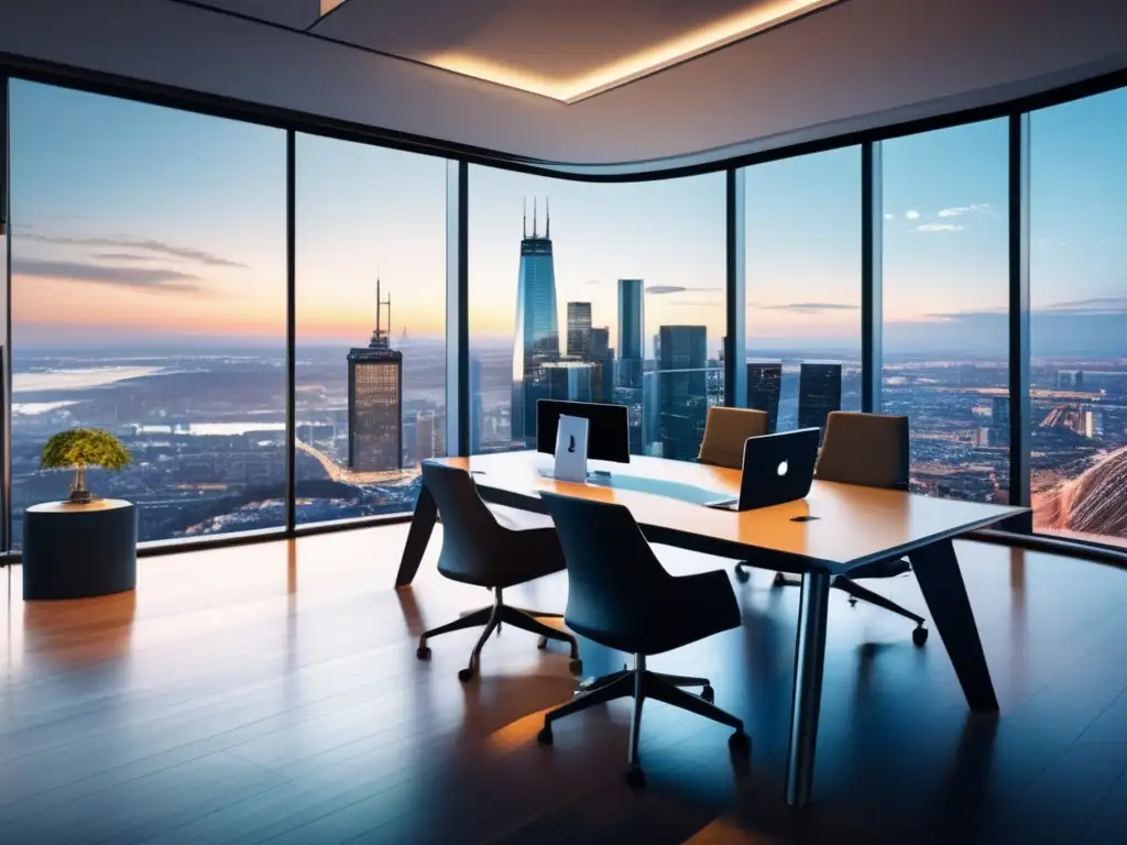 Espacio de trabajo profesional con vista a la ciudad Oficina moderna con expertos en criptomonedas analizando datos financieros