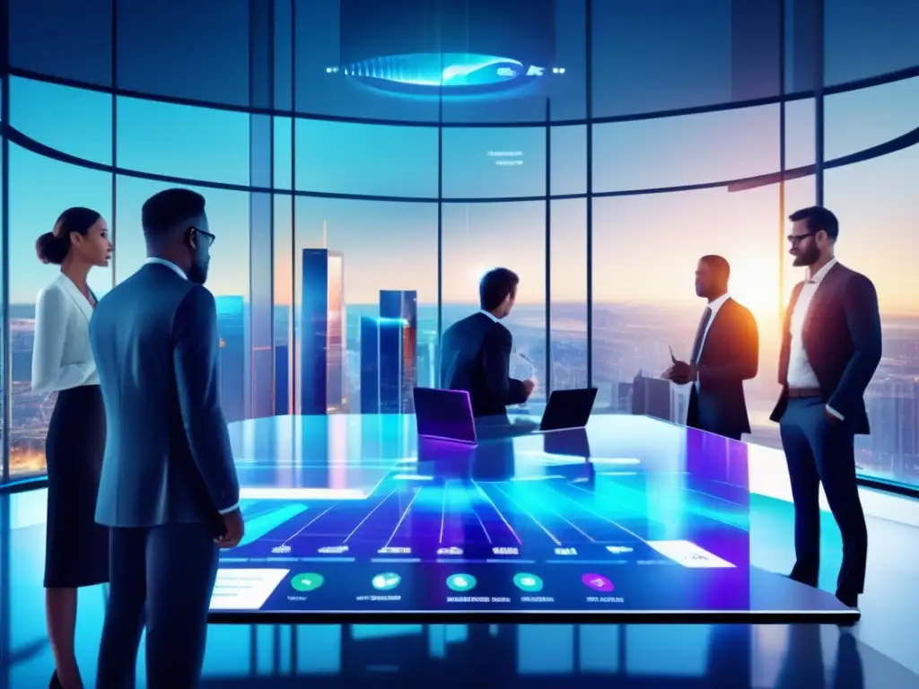 Profesionales gestionando riesgos financieros con tecnología AI Oficina moderna con expertos en gestión de riesgos financieros utilizando IA para análisis y mitigación
