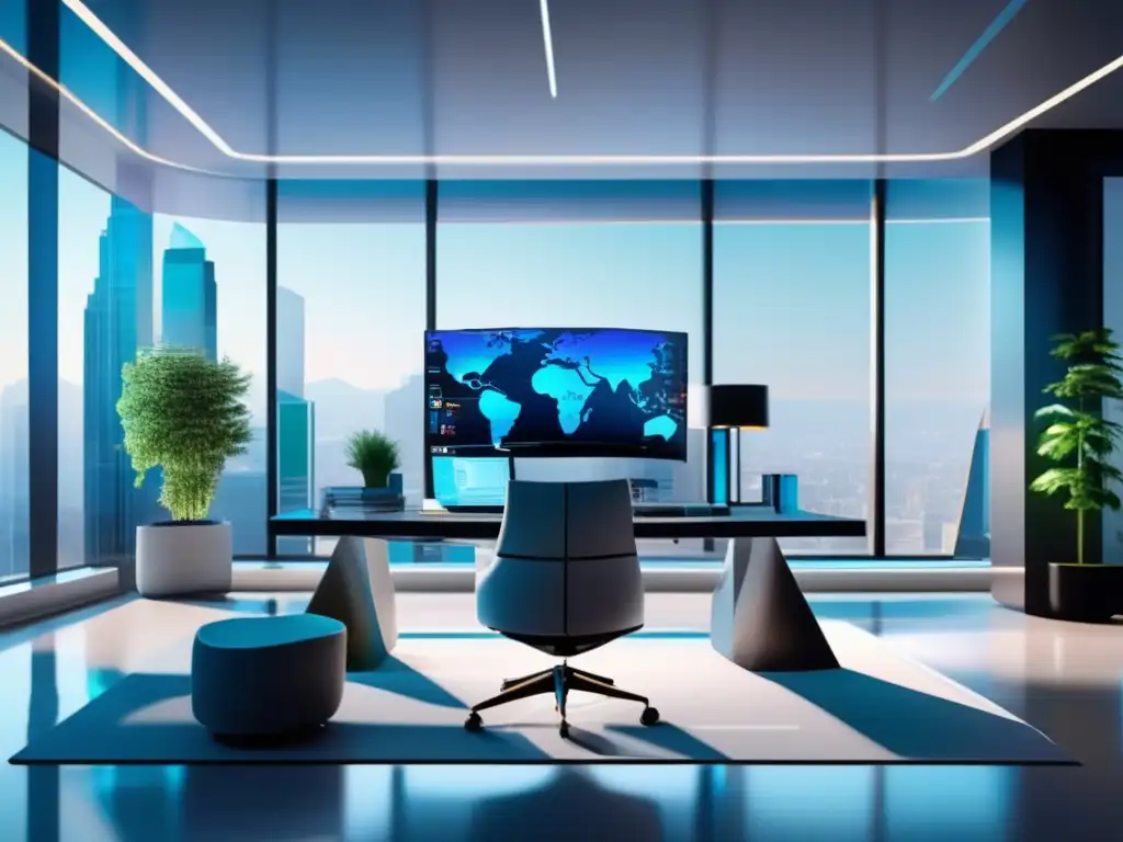 Oficina futurista con tecnología financiera avanzada Oficina moderna de Roboadvisors: tecnología futurista, confianza y rendimiento