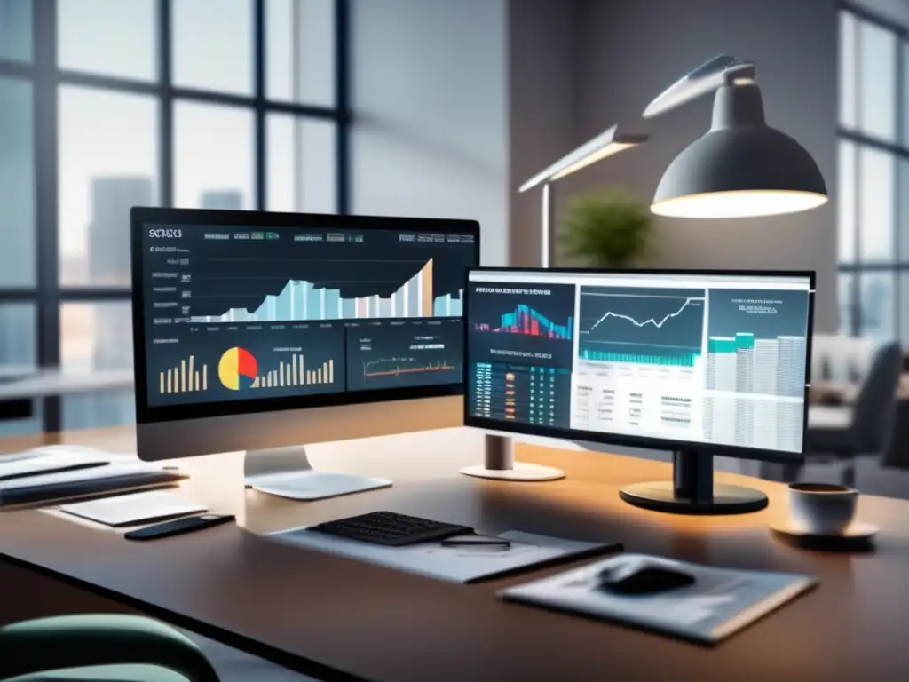 Oficina moderna con gráficos financieros y lupa Oficina moderna con gráficos financieros y datos en monitor, con aumento de lupa en área específica