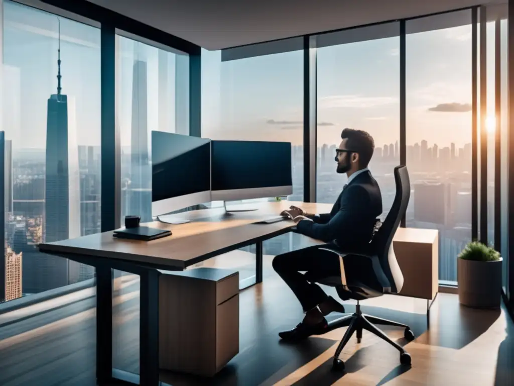 Oficina moderna con vista panorámica de la ciudad Oficina moderna con gran vista de ciudad y persona confiada analizando gráficos