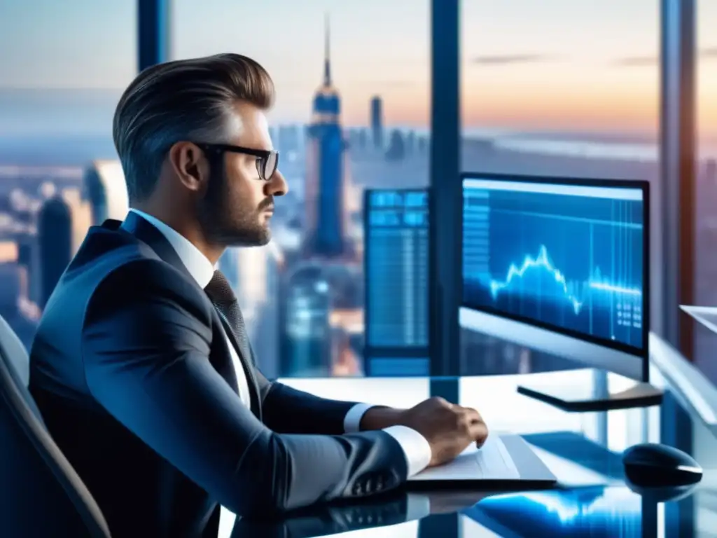 Profesional en finanzas enfocado en gráficos Oficina moderna, hombre de negocios estudiando gráficos financieros para evitar el Efecto Halo en decisiones, sofisticación y credibilidad
