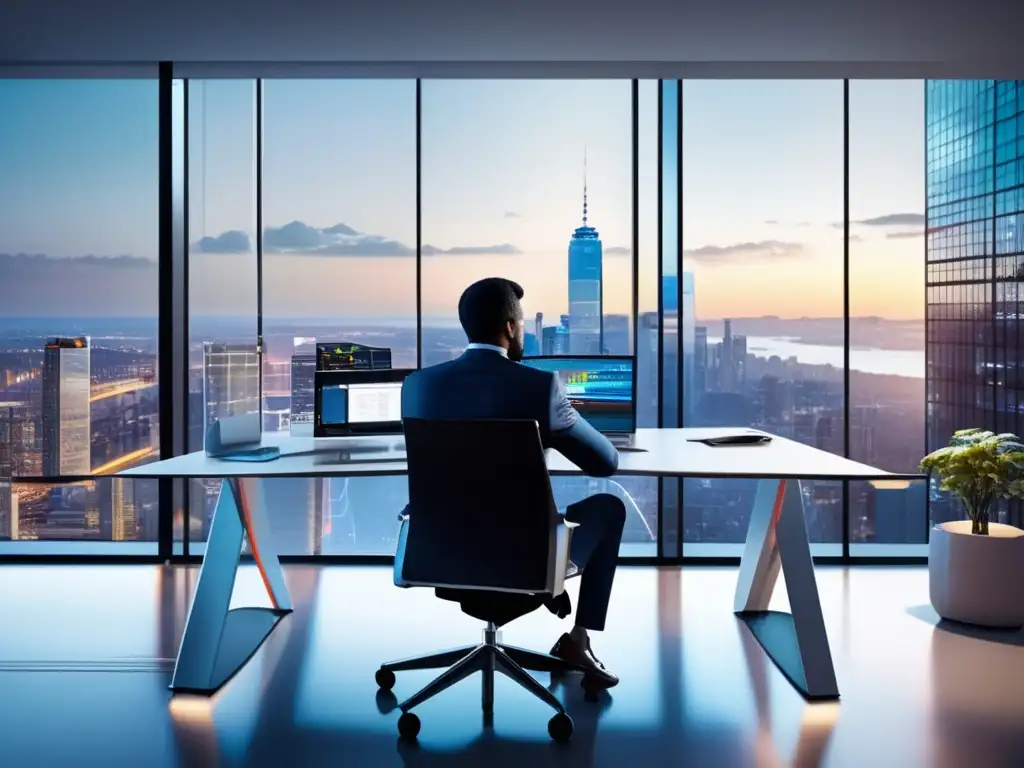 Oficina moderna con vista a la ciudad Oficina moderna con Roboadvisors, inversiones financieras revolucionando (110 caracteres)