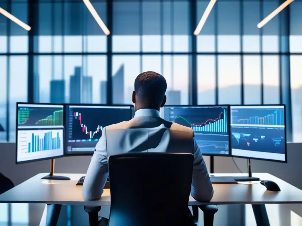 Inversionista enfocado en investigación Oficina moderna con inversor concentrado en investigación financiera, transmitiendo importancia de decisiones informadas