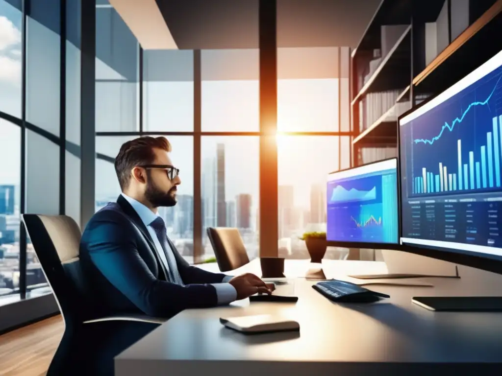 Oficina moderna con inversor analizando datos financieros Oficina moderna con inversor analizando datos financieros y libros sobre inversiones
