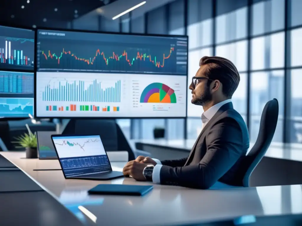 Oficina moderna, investigación financiera Oficina moderna con inversor analizando datos financieros - Falsas conexiones en inversiones
